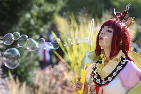 Costumed attendee Kougyoku stands at the Connichi anime and manga convention on Japanese popular and youth culture in Kassel, Germany, Sunday, Oct.9, 2022. (AP)