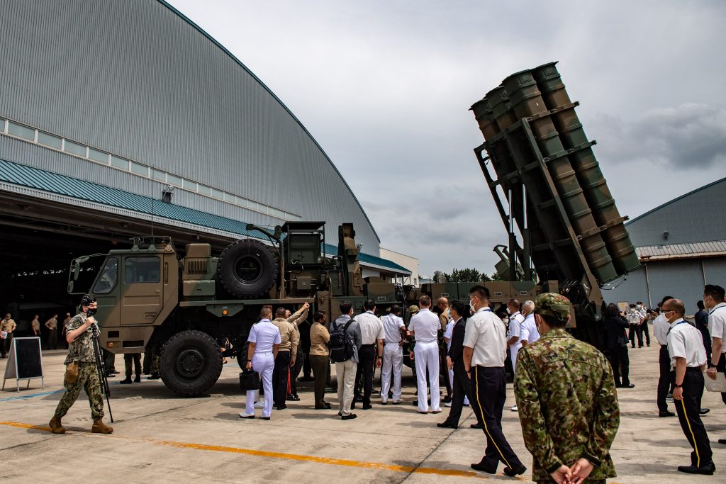 Type 12 surface-to-ship missile launcher unit displayed for military service members from 18 countries on the sidelines of the Pacific Amphibious Leaders Symposium 2022 (PALS 22), at the Japan Ground Self-Defense Force's Camp Kisarazu in Chiba prefecture, June 16, 2022. (AFP)