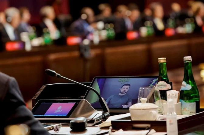 Ukraine's President Volodymyr Zelensky addresses a session virtually during the G20 Summit in Nusa Dua on the Indonesian resort island of Bali on November 16, 2022. (AFP)