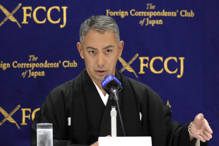 Japanese Kabuki actor Ichikawa Danjuro XIII, Hakuen speaks during a press conference at the Foreign Correspondents' Club of Japan in Tokyo, Friday, Nov. 3, 2022. (AP)