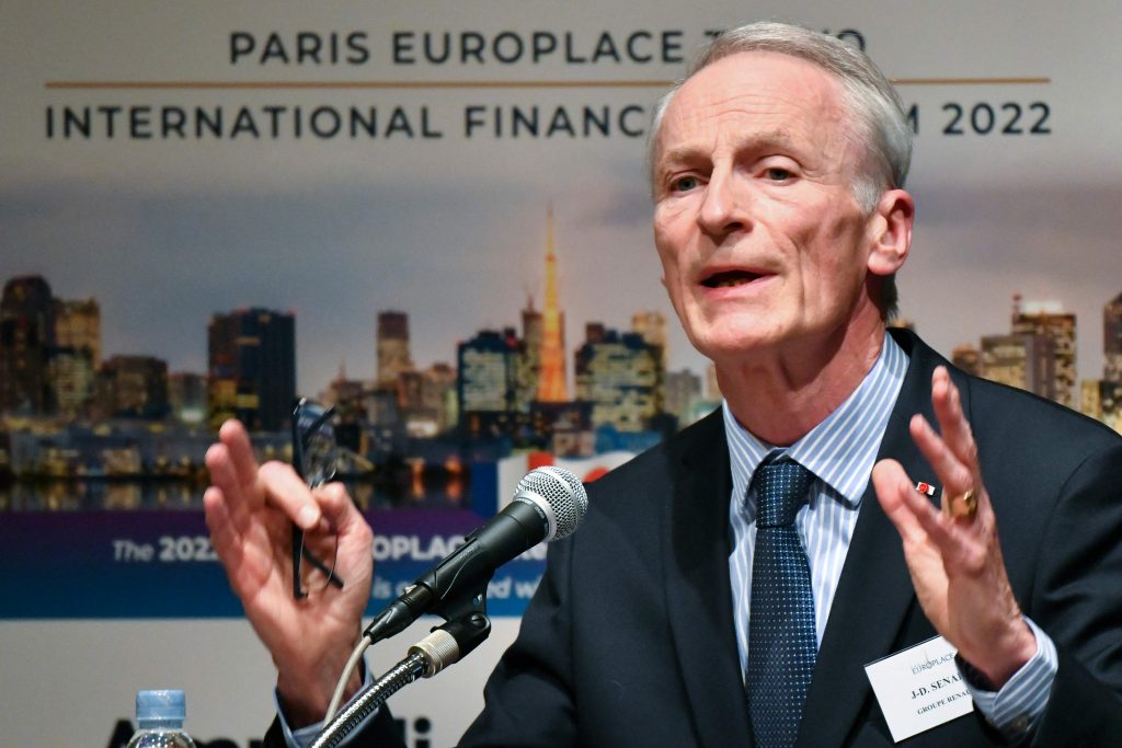 Jean-Dominique Senard, Chairman of the Board of Directors, Groupe Renault, delivers his opening speech at the Tokyo International Financial Forum 2022 in Tokyo, November 15, 2022. (AFP)