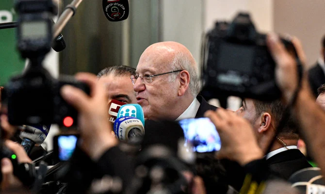 Lebanese Prime Minister Najib Mikati speaks to reporters. (AFP)