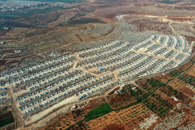 Above, an aerial view of the newly-established Maram camp for internally displaced people in the village of Kafr Jales in Syria’s northwestern Idlib province in November 2021. (AFP)