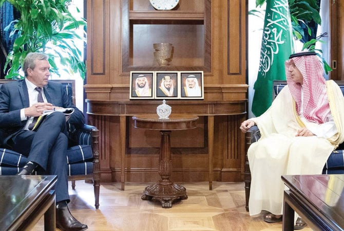 Saudi minister Adel bin Ahmed Al-Jubeir receives Australia’s Minister of Environment and Climate Action Reece Whitby in Riyadh. (Supplied)