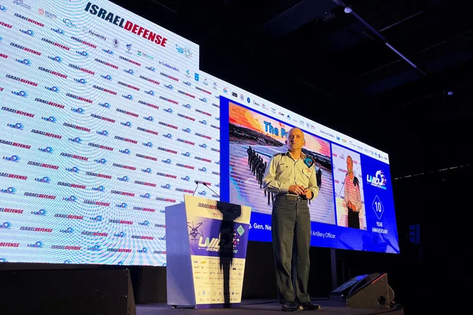 Israeli Brigadier-General Neri Horowitz, chief of Israel's artillery corps, addresses a drone conference in Tel Aviv, Israel. (Reuters)