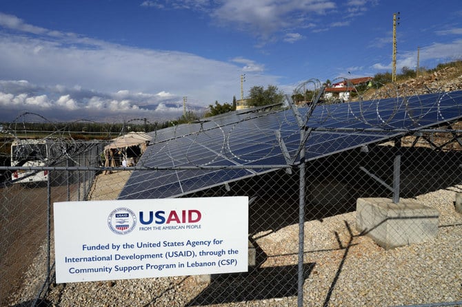 Solar panels system funded by United States Agency for International Development (USAID) for the Lebanese-Syrian border town of Majdal Anjar, eastern Bekaa valley, Lebanon on Wednesday. (AP)