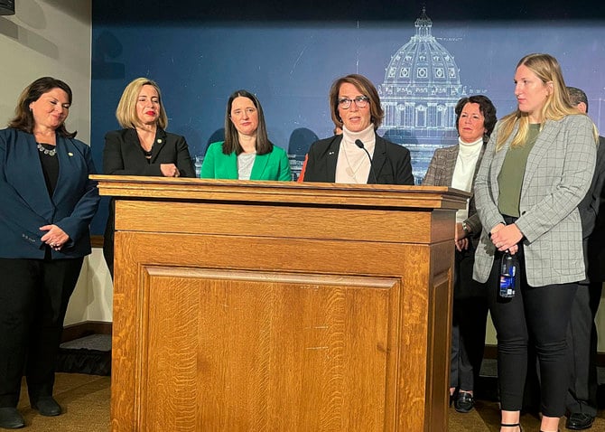 Democratic state Sen. Erin Murphy speaks at the state Capitol in St. Paul, Minnesota, on Nov. 9, 2022, after Minnesota Democrats defied expectations in the election. (Report for America via AP)