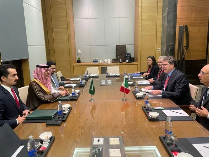 Saudi Finance Minister Mohammed Al-Jadaan and Italian Economy Minister Giancarlo Giorgetti discuss the global energy crisis on Tuesday. (Italian Ministry of Economy)