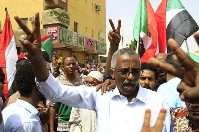 Sudan's Forces for Freedom and Change official Wagdi Saleh, takes part in an anti-coup demonstration in the Bashdar station area in southern Khartoum. (File/AFP)