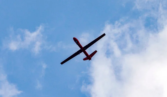 An Israeli military drone flies over the southern area of the Israeli-annexed Golan Heights near the Syrian border on November 7, 2022. (AFP)