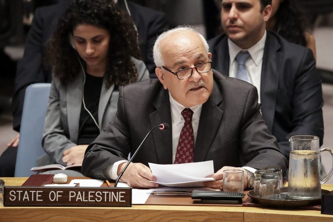 Palestinian Ambassador Riyad Mansour attending a UN Security Council meeting in 2018. (AFP file)