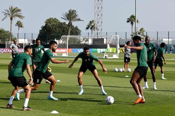 Saudi Arabia’s players take part in a training session at the Sealine Training Site in Sealine, south of Doha, on November 21, 2022. (AFP)