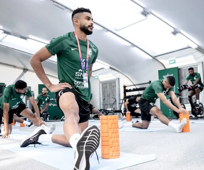 Saudi players undertake a recovery session after their victory over Argentina. (Supplied)