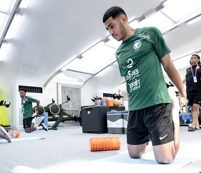 Saudi players undertake a recovery session after their victory over Argentina. (Supplied)