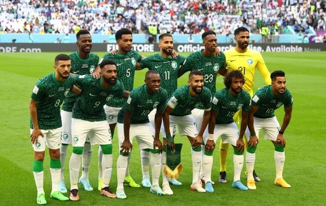 The Saudi Arabian team that defeated Argentina 2-1 at Lusail Stadium, Lusail, Qatar, Nov. 22, 2022. (Reuters)