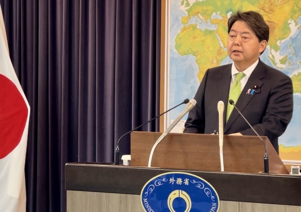 Foreign Minister HAYASHI speaks at a press conference in Tokyo. (ANJ)