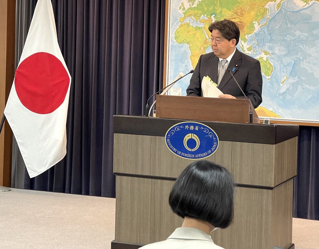 Hayashi listens to a question at a press conference held at the Foreign Ministry in Tokyo on November 11.