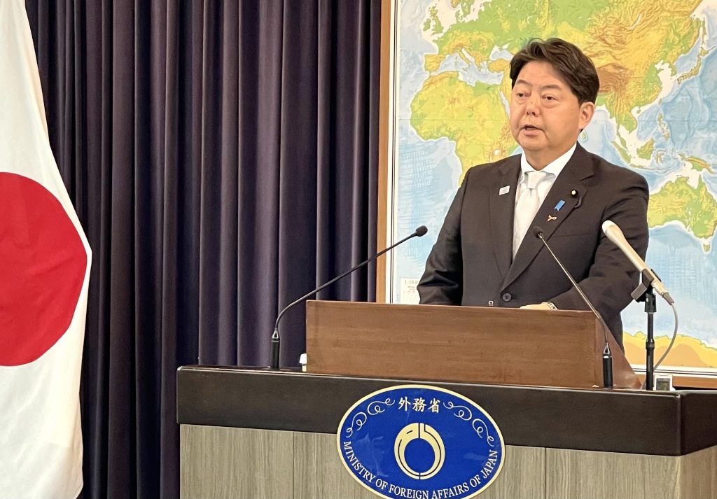 Foreign Minister HAYASHI speaks at a press conference at the ministry in Tokyo on November 1. (ANJ)