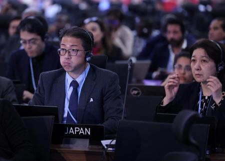 The Japanese delegate reacts during the closing session of the COP27 climate conference, at the Sharm el-Sheikh International Convention Centre in Egypt's Red Sea resort city of the same name, on November 20, 2022. (AFP)