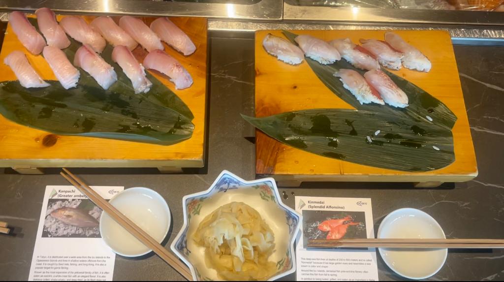 Guests were served dishes including miso soup, Aodai filet, fried Midai, Hamadai sushi and Kinmedai sushi. (ANJ Photo)