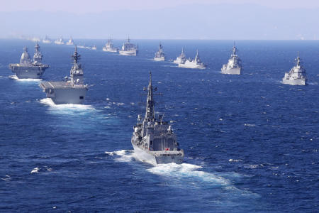 Warships from 12 countries take part in an international fleet review in Sagami Bay, south of Tokyo, Sunday, Nov. 6, 2022. Eighteen warships participated from the countries, including the United States, Australia, Canada, India, New Zealand, Singapore and South Korea, while the United States and France also sent warplanes for the review. (AP)
