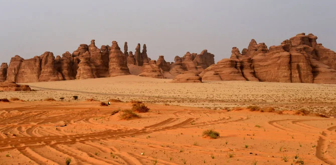 A photo taken on March 31, 2018 shows rose-coloured sandstone in Madain Saleh, a UNESCO World Heritage site, near Saudi Arabia's northwestern town of Al-Ula. (AFP)