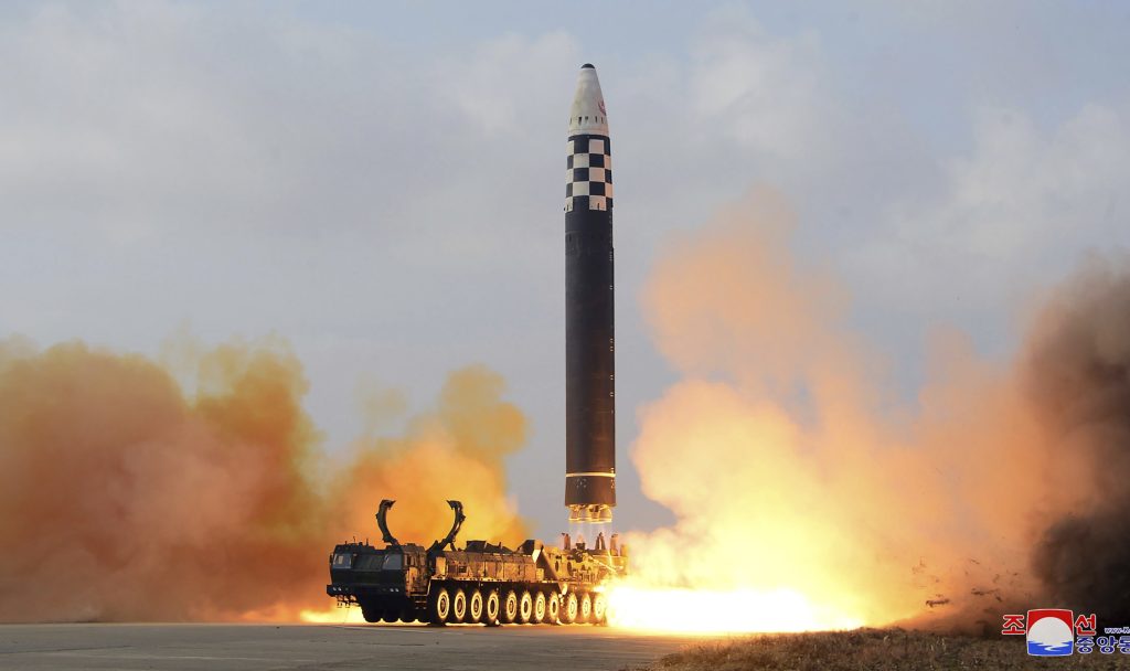 Photo provided by the North Korean government shows the test-firing of what it says a Hwasong-17 intercontinental ballistic missile at Pyongyang International Airport in Pyongyang, North Korea, Nov. 18, 2022. (File/AP)