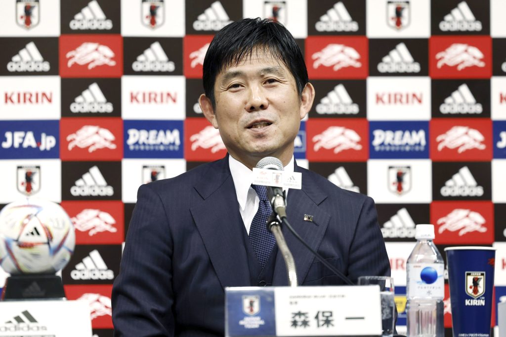 Japanese national soccer team head coach Hajime Moriyasu speaks during a press conference in Tokyo, Dec 28, 2022. (File/Kyodo News via AP)