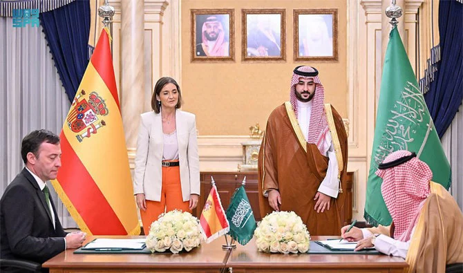 The Kingdom’s Defense Minister Prince Khaled bin Salman and Spain’s Minister of Industry, Commerce, and Tourism María Reyes Maroto attended the agreement’s signing ceremony. (SPA)