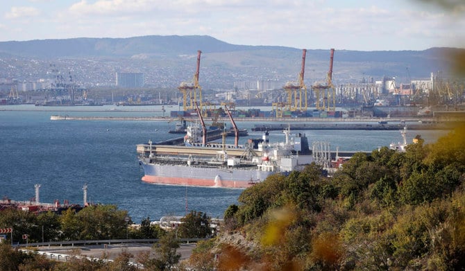 An oil tanker is moored at the Sheskharis complex, part of Chernomortransneft JSC, a subsidiary of Transneft PJSC, in Novorossiysk, Russia, Tuesday, Oct. 11, 2022, one of the largest facilities for oil and petroleum products in southern Russia. (AP)