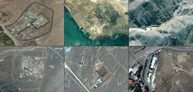 Combination of pictures created on Aug. 16, 2022 shows handout satellite images collected above Iran and provided by Maxar Technologies taken (L to R top) of the Arak Heavy Water Reactor Facility. (Satellite image ©2021 Maxar Technologies / AFP)
