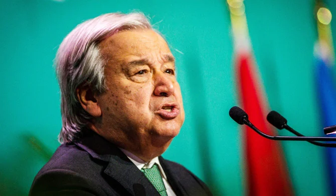 United Nations Secretary General Antonio Guterres speaks during the opening ceremony of the United Nations Biodiversity Conference (COP15) at Plenary Hall of the Palais des congrès de Montréal in Montreal, Quebec, Canada, on December 6, 2022. (AFP)