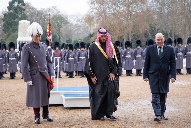 Saudi Minister of Defense Prince Khalid bin Salman is received by the UK’s Secretary of State for Defence Ben Wallace in London on Tuesday. (@DefenceHQ)