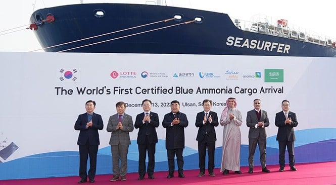 A vessel carrying the 25,000 metric tons of cargo docked in Ulsan, having left the Kingdom’s King Fahad Industrial Port at Jubail last month. (Supplied)