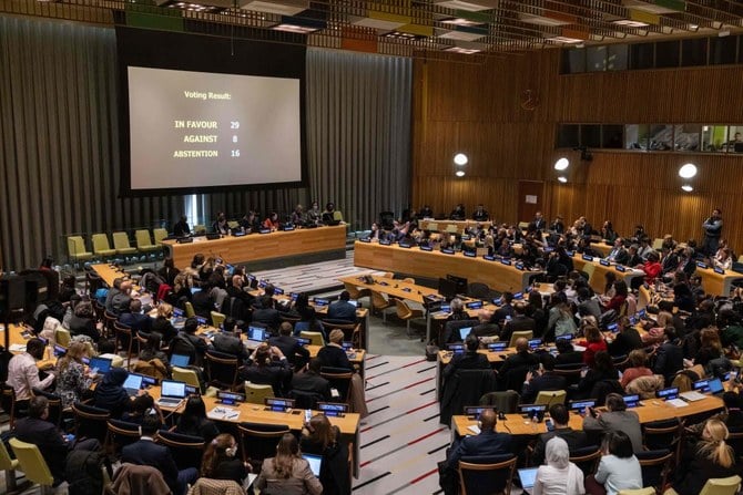 Member countries vote on the removal of Iran from membership in the Commission on the Status of Women at the UN headquarters on Dec. 14, 2022. (AFP)