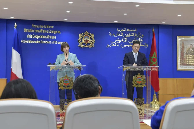 Morocco’s Foreign Minister Nasser Bourita holds a press conference with France Foreign Minister Catherine Colonna as she starts an official visit to Rabat, Morocco, on Friday. (AP)