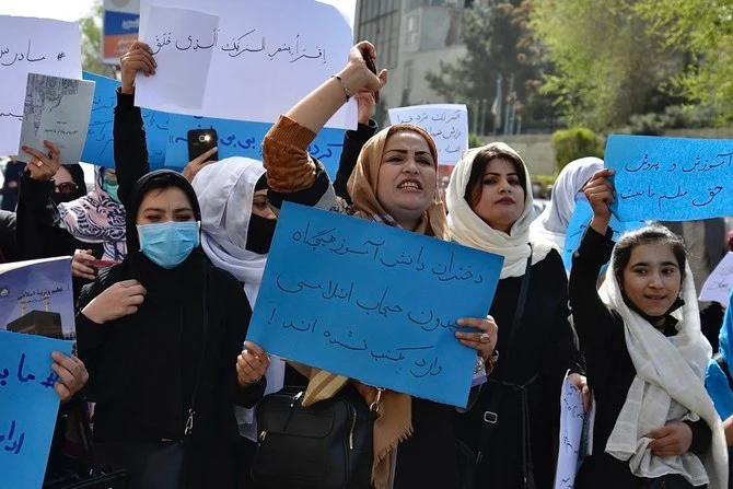 As the Taliban has failed to keep its promises about access to education for girls and women, protests have taken place, including this one outside the Ministry of Education in Kabul in March. (AFP)