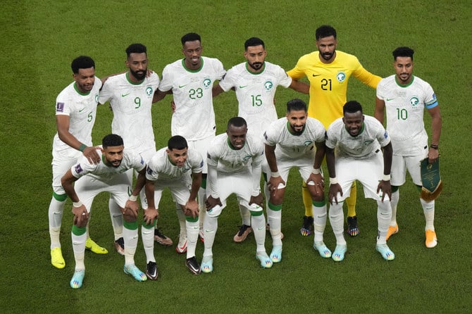 The Saudi Arabian team that played Mexico at the Lusail Stadium in Lusail, Qatar, Wednesday, Nov. 30, 2022. (AP Photo)