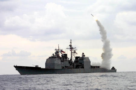 A Tomahawk Land Attack Missile (TLAM) launches from the guided missile cruiser USS Cape St. George (CG 71), in operation in the Mediterranean Sea, on March 23, 2003. (AP/file)