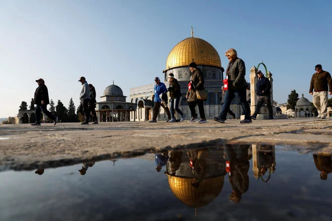 Visitors walk next to al-Aqsa mosque on the compound known to Muslims as the Noble Sanctuary and to Jews as the Temple Mount, in Jerusalem's Old City Jan. 3, 2023. (Reuters)
