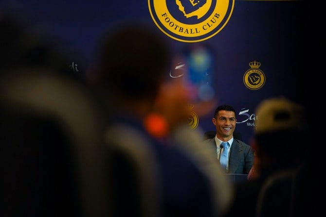 Cristiano Ronaldo at the Mrsool Park Stadium for his first press conference ahead of his unveiling as an Al-Nassr player. (AN Photo)
