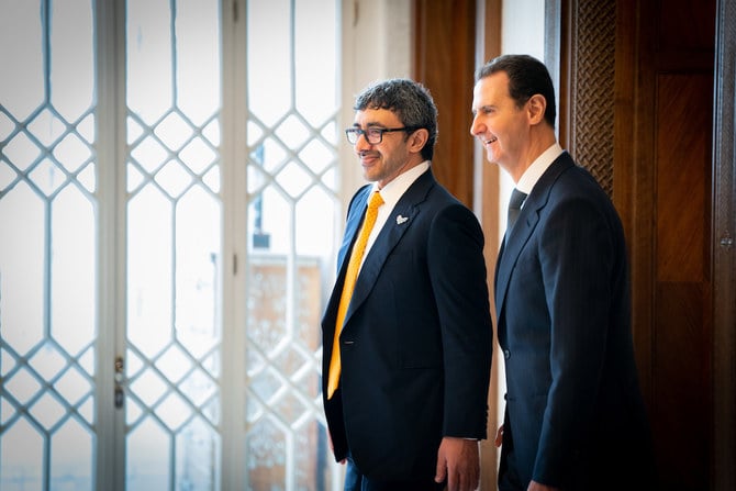 Syrian President Bashar Assad receives UAE’s Minister of Foreign Affairs and International Cooperation Sheikh Abdullah bin Zayed in Damascus. (WAM)