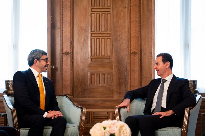Syrian President Bashar Assad receives UAE’s Minister of Foreign Affairs and International Cooperation Sheikh Abdullah bin Zayed in Damascus. (WAM)