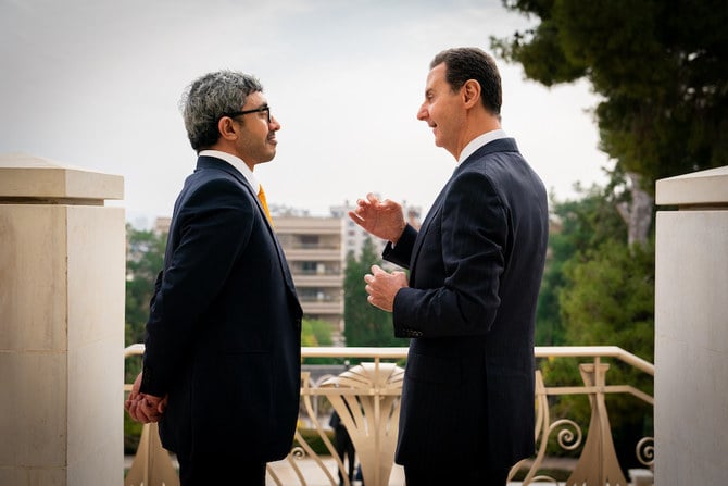 Syrian President Bashar Assad receives UAE’s Minister of Foreign Affairs and International Cooperation Sheikh Abdullah bin Zayed in Damascus. (WAM)