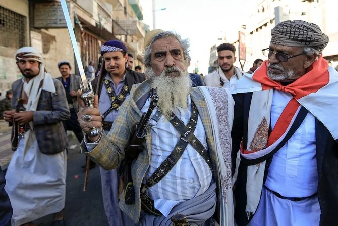 Supporters of Yemen’s Houthi militia attend a rally in Sanaa on January 6, 2023. (AFP)