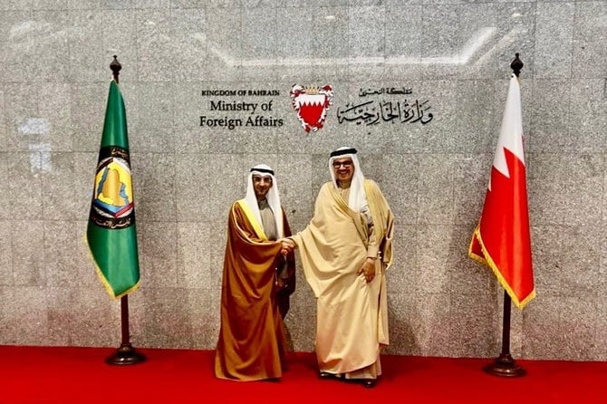 The Secretary General of the GCC Nayef Falah Al-Hajraf meets with Bahrain’s Foreign Minister Abdullatif bin Rashid Al-Zayani in Manama on Sunday. (@GCCSG)