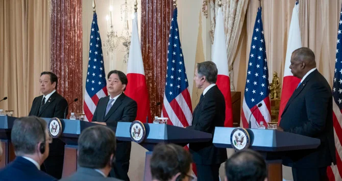 Japanese Defense Minister HAMADA Yasukazu, Japanese Foreign Minister HAYASHI Yoshimasa, Secretary of State Antony Blinken, and Secretary of Defense Lloyd Austin, speak during a news conference at the State Department, Wednesday, Jan. 11, 2023, in Washington. (AP)