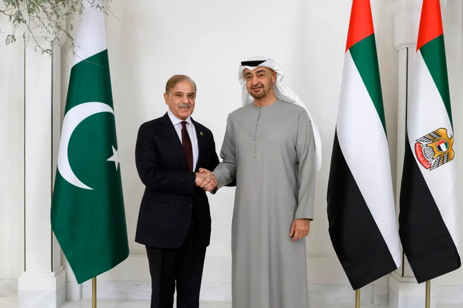 Pakistan’s Prime Minister Shahbaz Sharif held talks with UAE President Sheikh Mohamed bin Zayed Al-Nahyan in Abu Dhabi’s Al Shati Palace. (WAM)