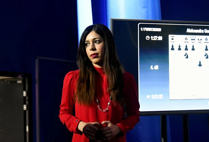 Iranian chess referee Shohreh Bayat looks on during the Women's World Chess Championship in Vladivostok, Russia (REUTERS)