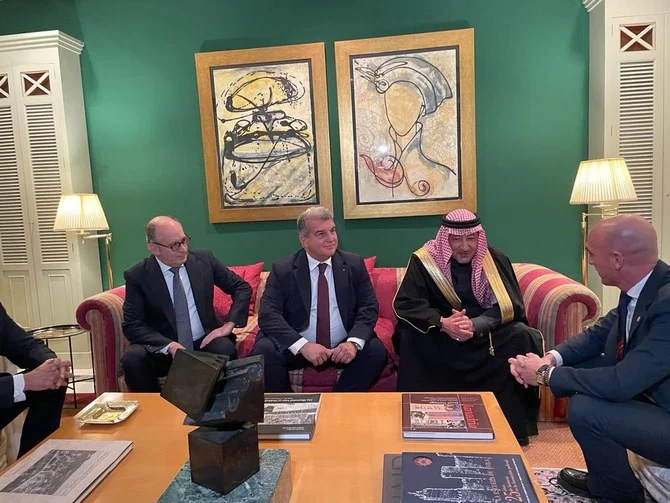 Saudi Deputy Foreign Minister Waleed Al-Khuraiji attends 2023 Spanish Super Cup ceremony at Spain’s embassy in Riyadh. (Twitter/@W_Elkhereiji)